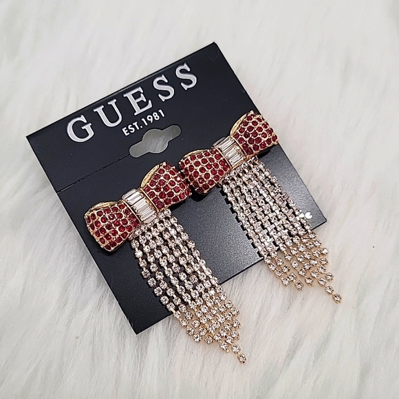 GUESS Crystal Bow & Rhinestone Fringe Statement Earrings - Picture 1 of 4